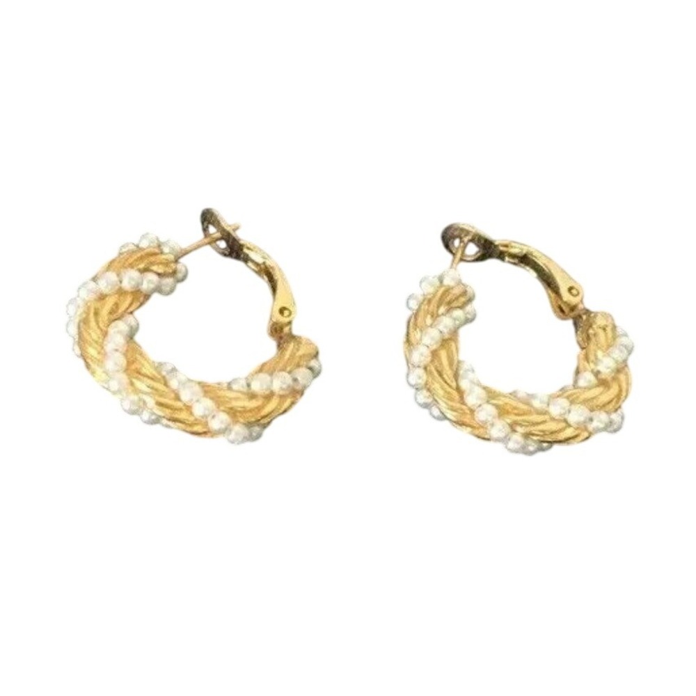 Gold Tone Braided Hoop Earrings with Faux Pearl‎ Accents Dangle Jewelry